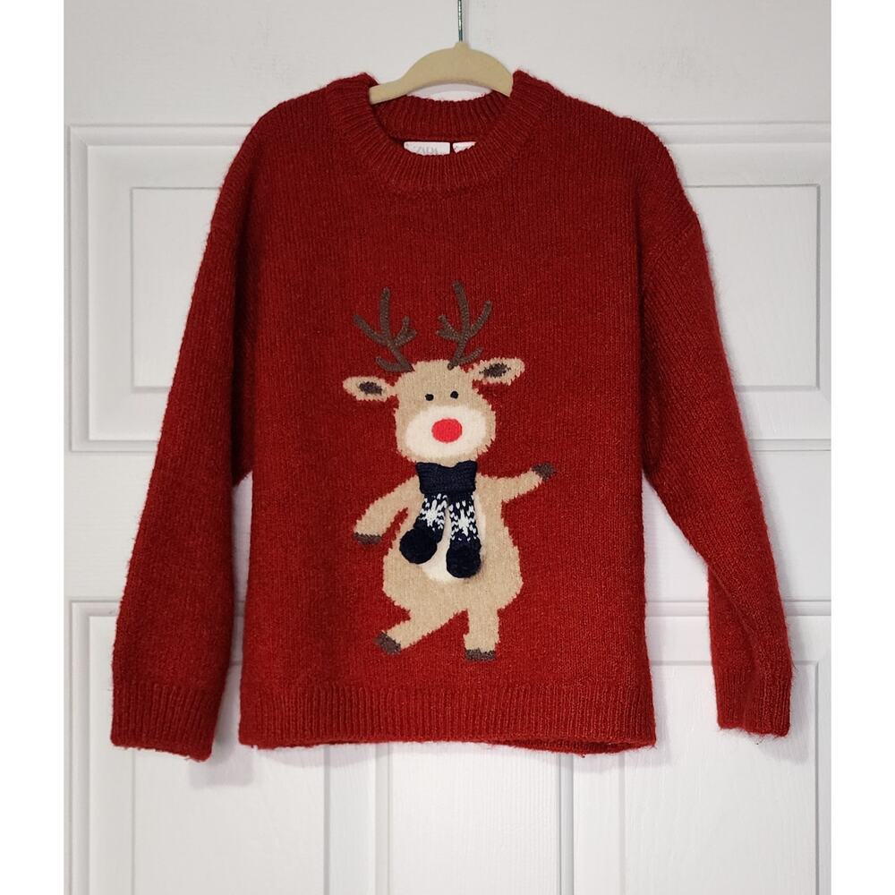 Zara Knit sweater Reindeer print with scarf appliqué Christmas Size 4 years